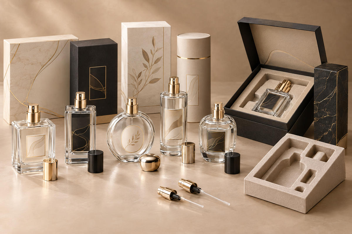 E-commerce perfume packaging with bottles caps pumps boxes and protective inserts