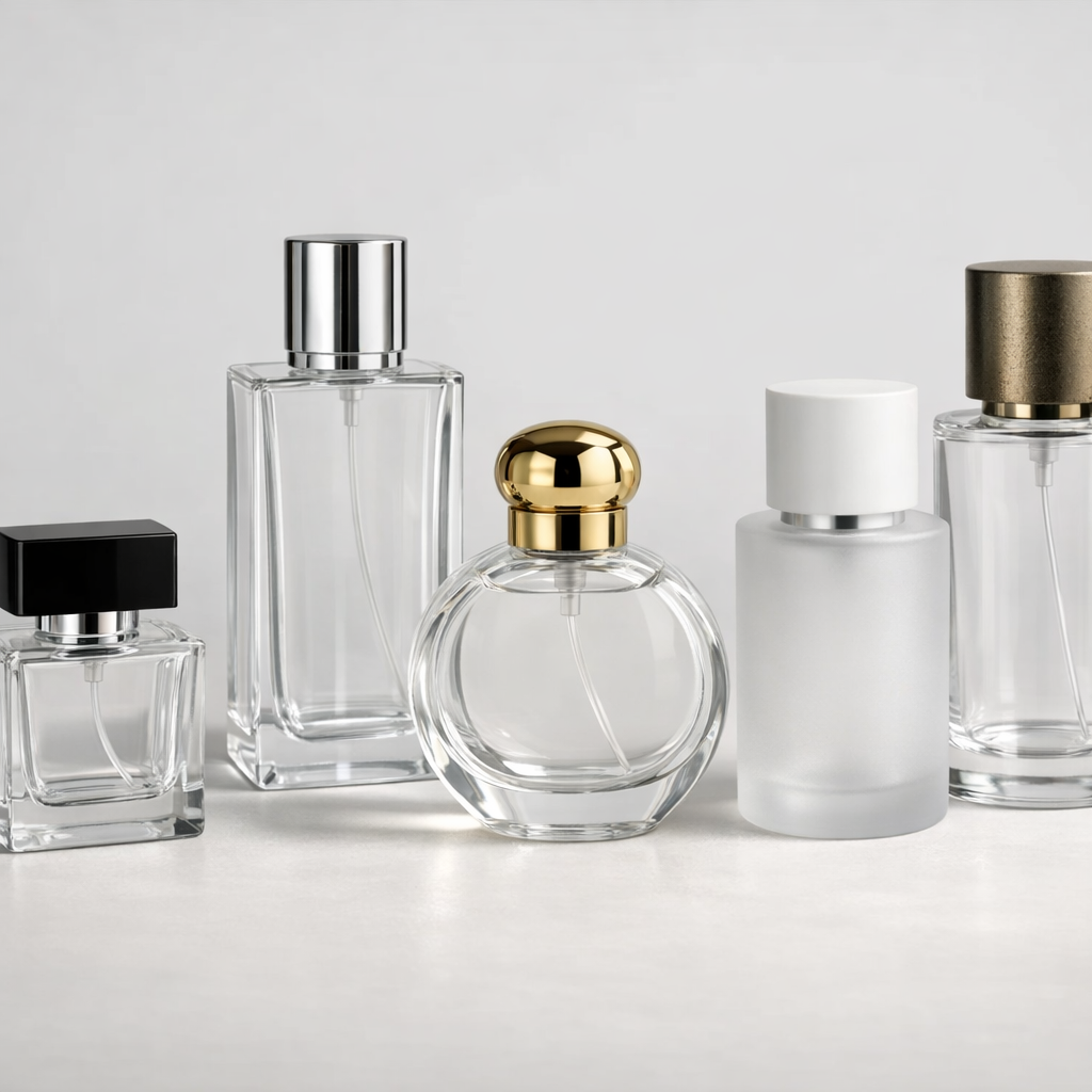 Glass perfume bottles in different shapes and sizes for fragrance packaging