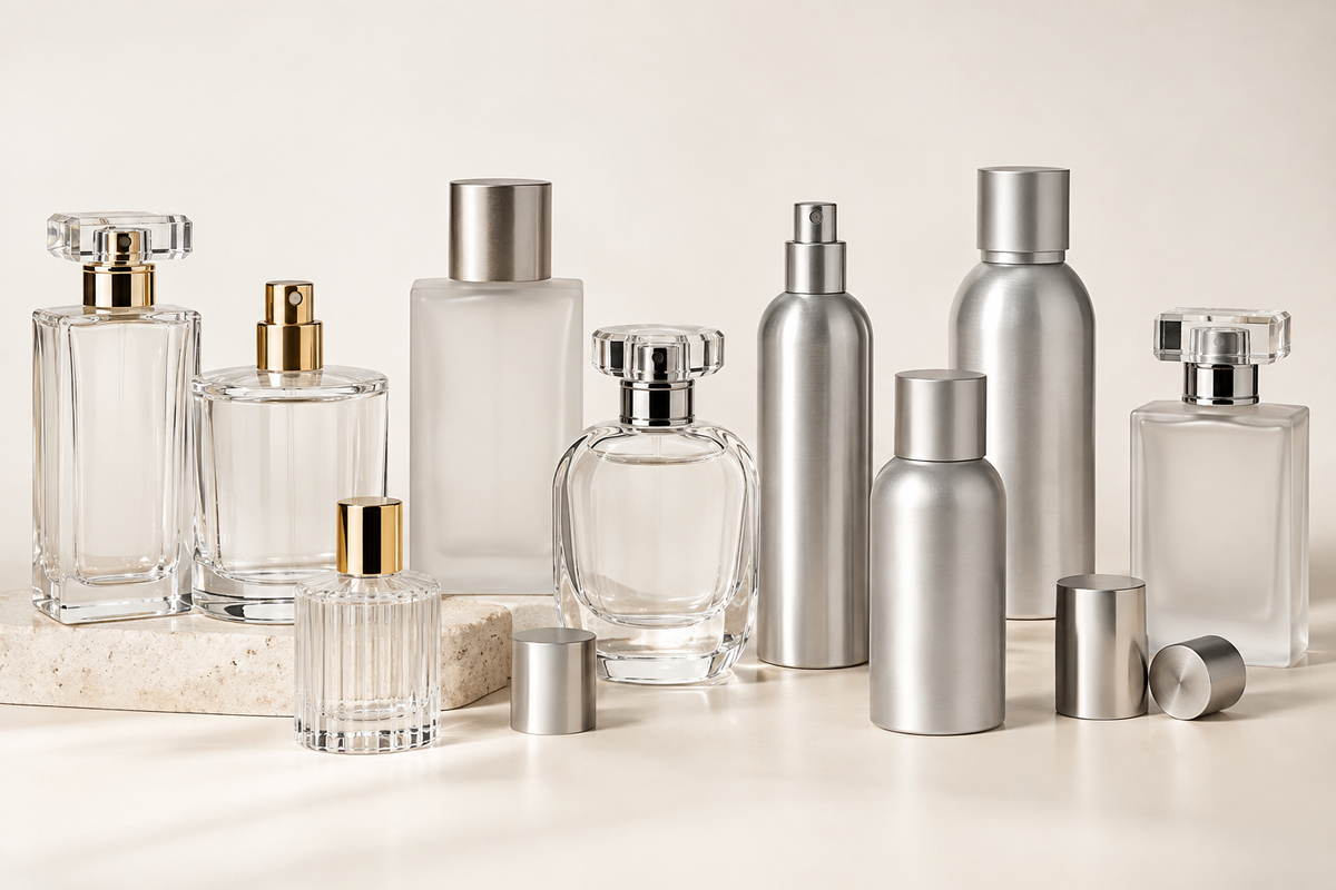 Glass and aluminum perfume bottles for fragrance packaging
