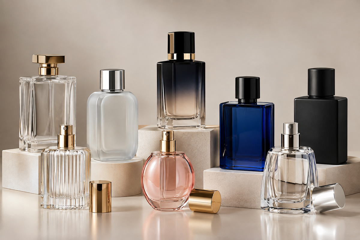 Clear frosted and colored glass perfume bottles with different finishes