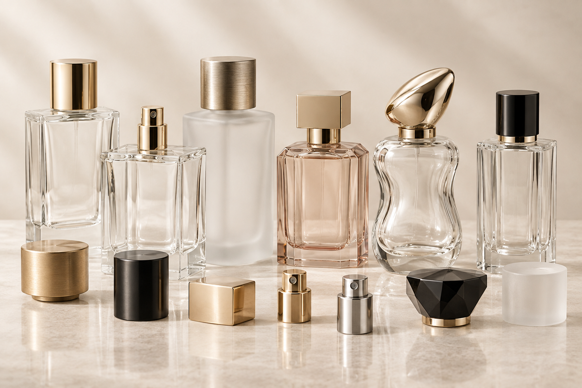 Perfume bottle caps pumps and closures for fragrance packaging