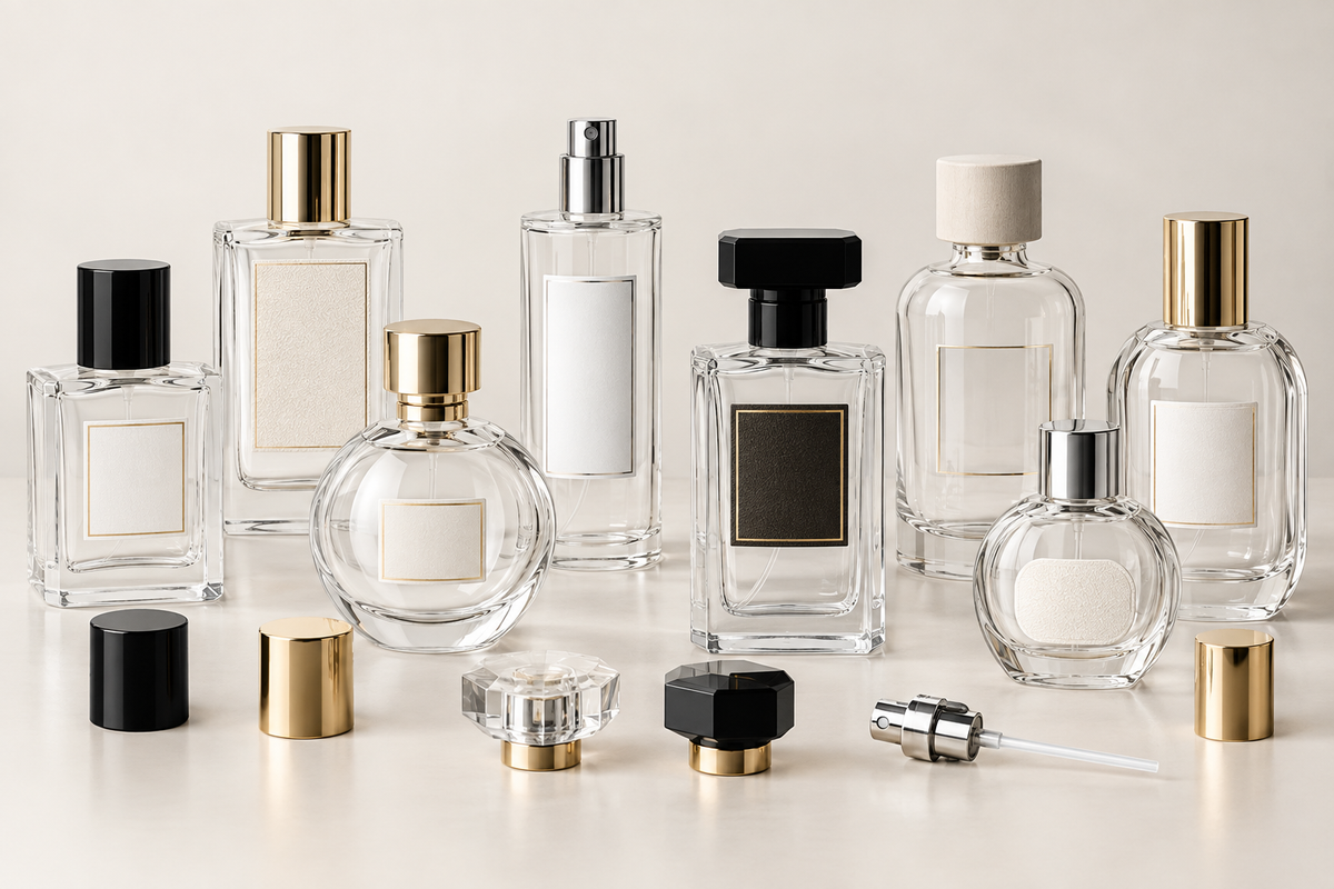 Perfume bottles with different labels for fragrance packaging