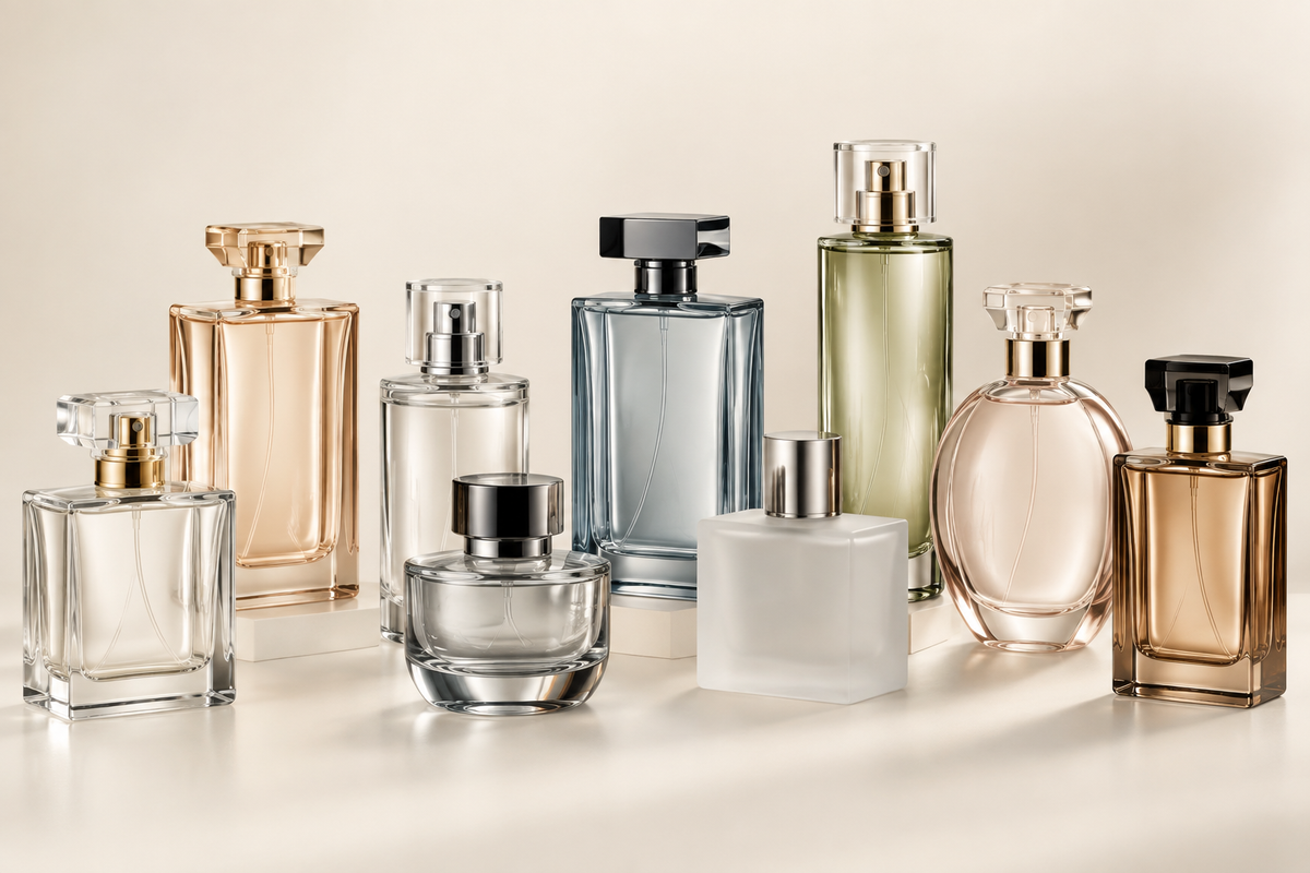 Clear frosted and colored glass perfume bottle finishes