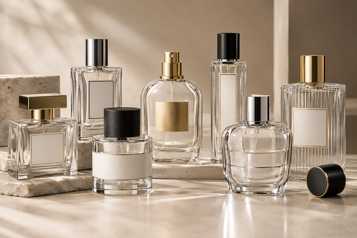 Perfume bottles with different labels and packaging finishes for fragrance brands