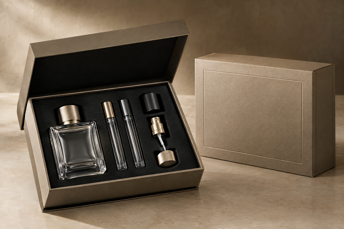 Perfume gift set packaging with bottles caps pumps boxes and inserts