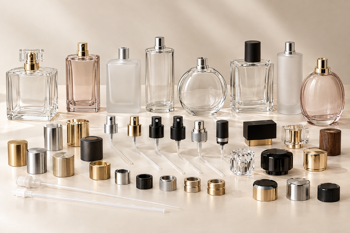 Perfume packaging components including bottles caps and pumps