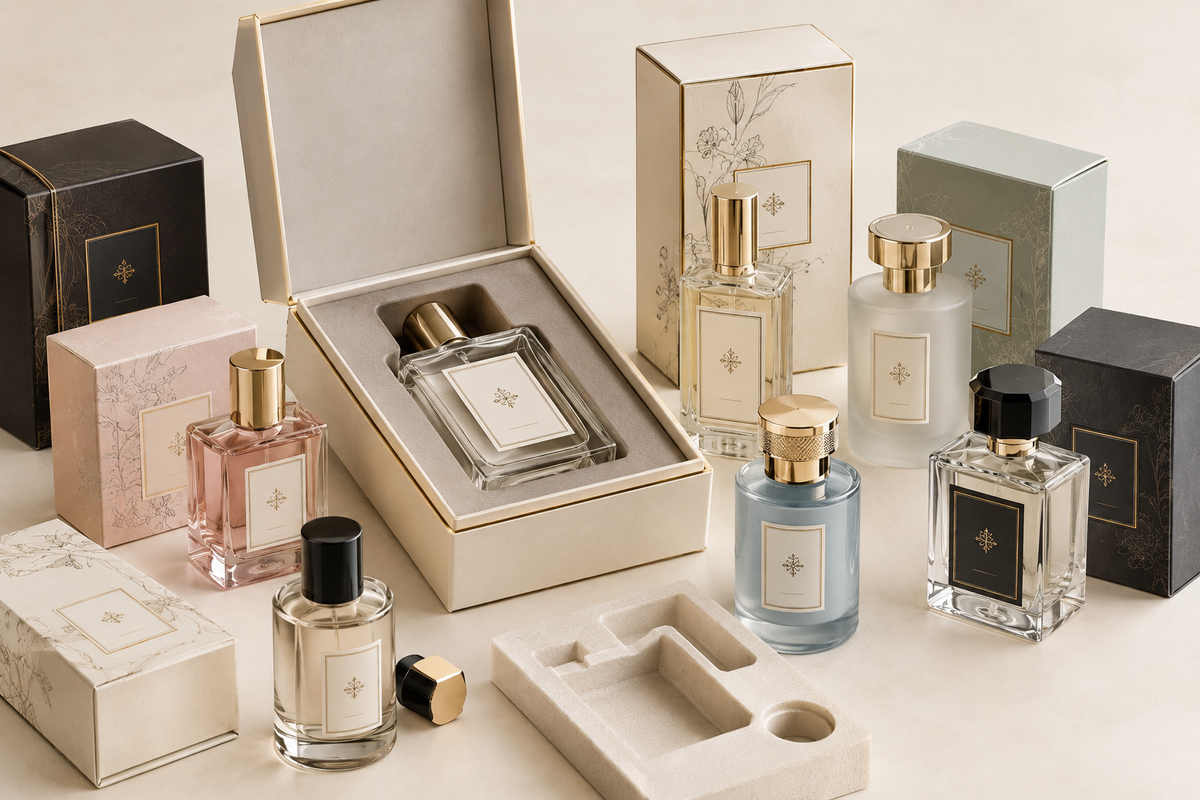 Perfume packaging with bottles boxes and protective inserts for e-commerce