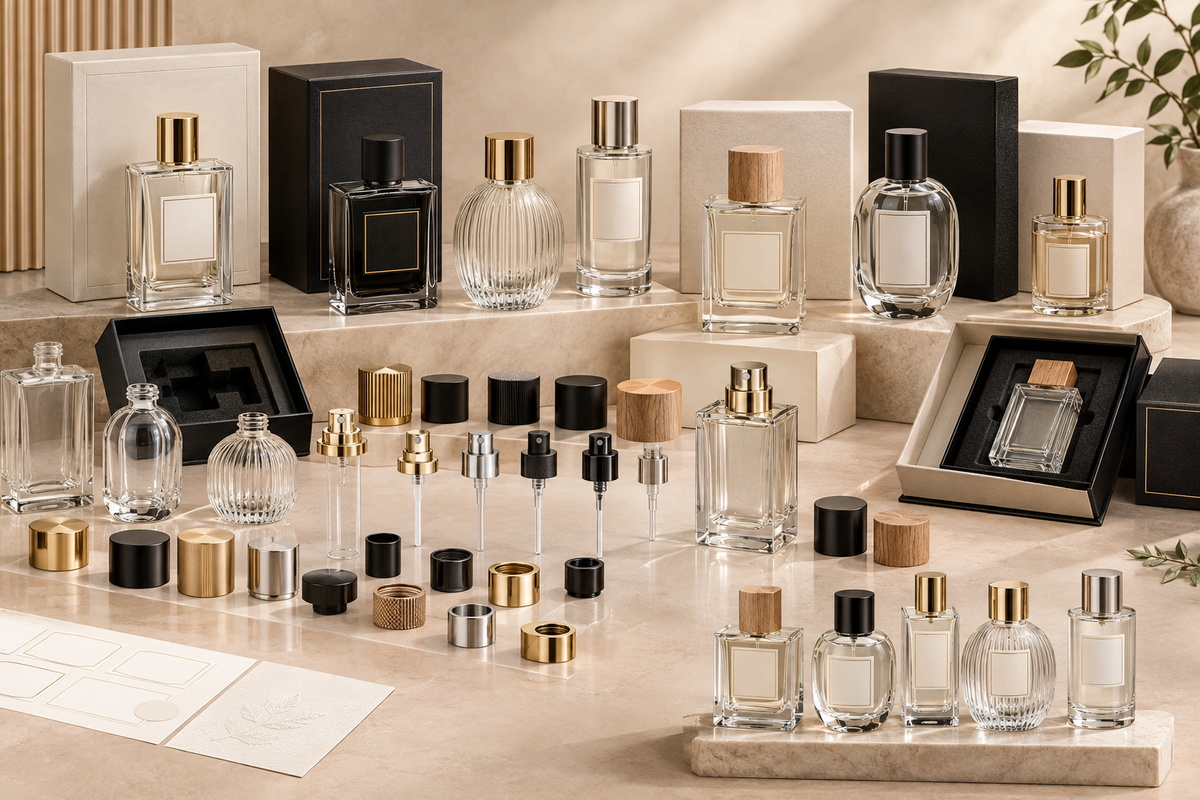 Complete perfume packaging system with bottles caps pumps labels and boxes