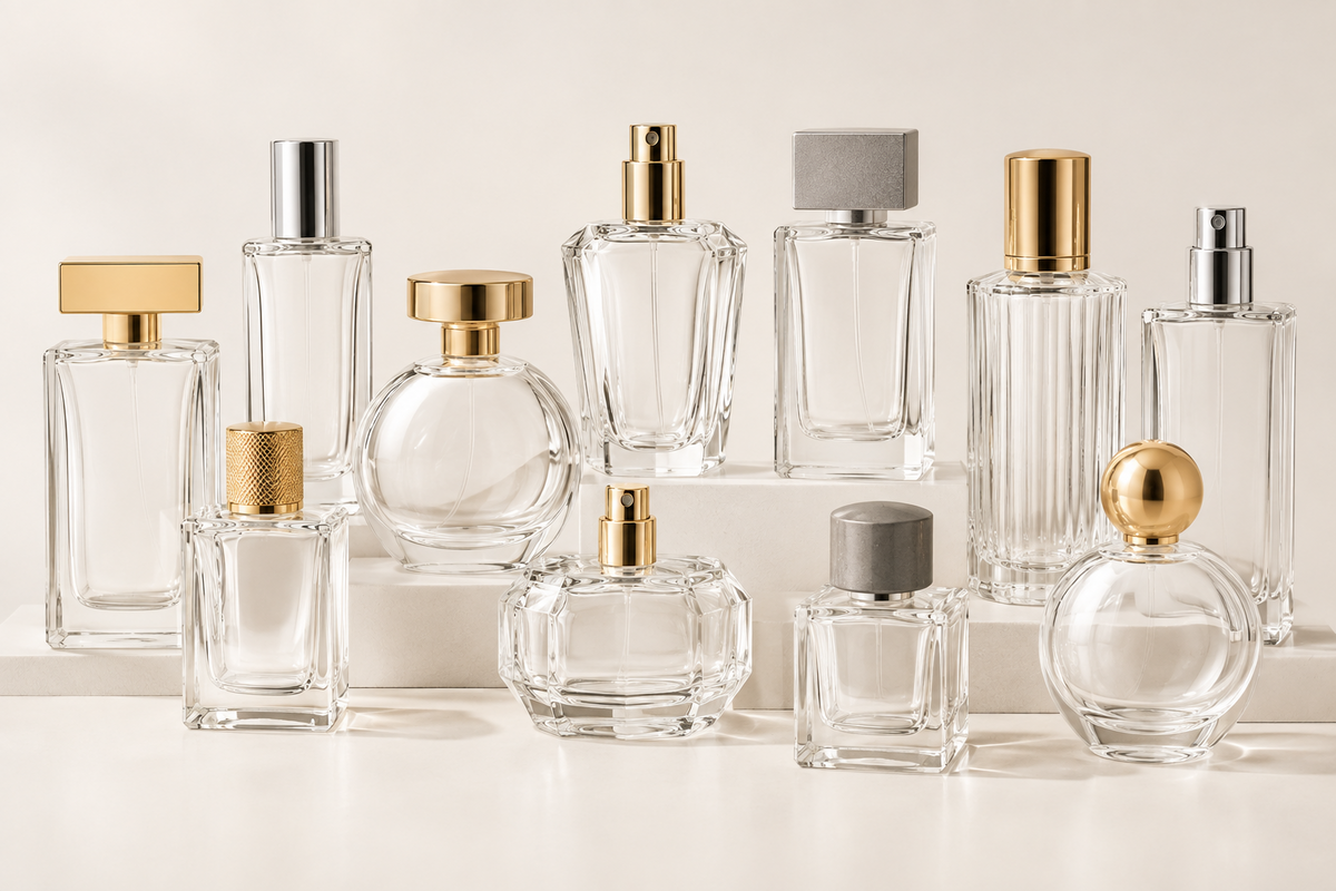 Perfume packaging supplier with bottles caps and pumps