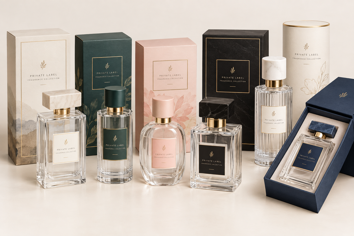 Private label perfume bottles caps pumps and packaging boxes