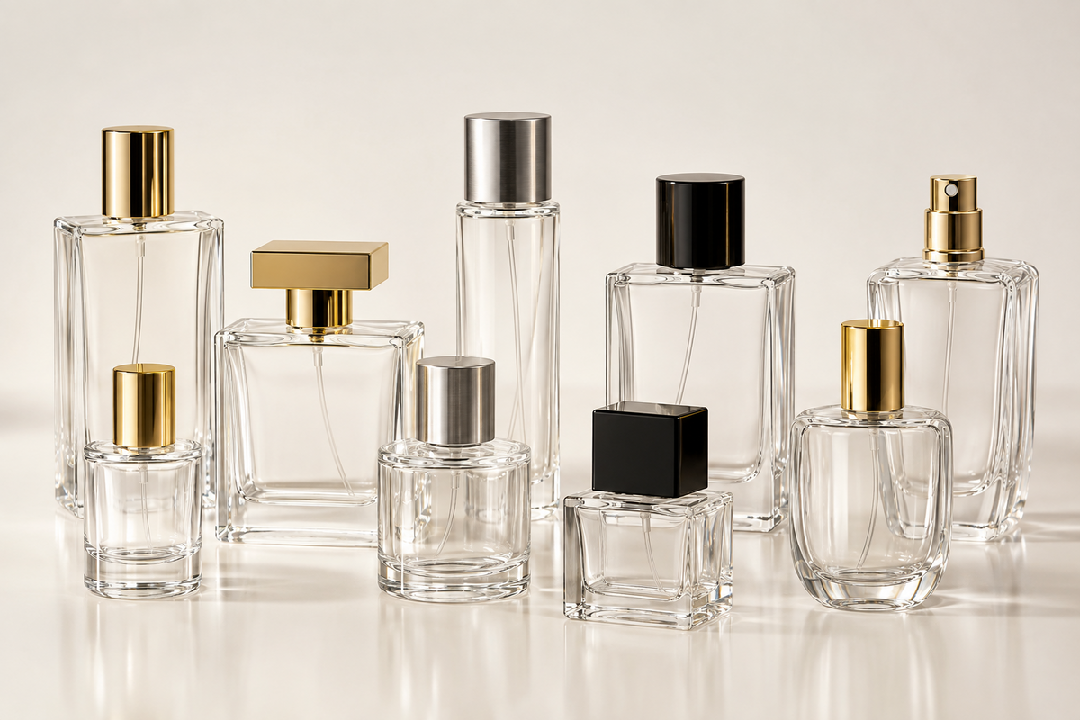 Private label perfume packaging with bottles caps and pumps