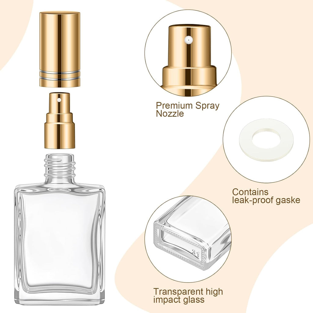 15ml square clear glass perfume bottle with gold nozzle and cap on a beige background