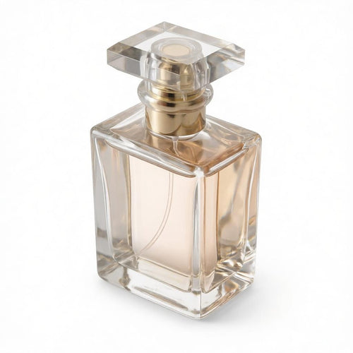 50ml square clear glass perfume bottle with faceted cap and gold atomizer collar