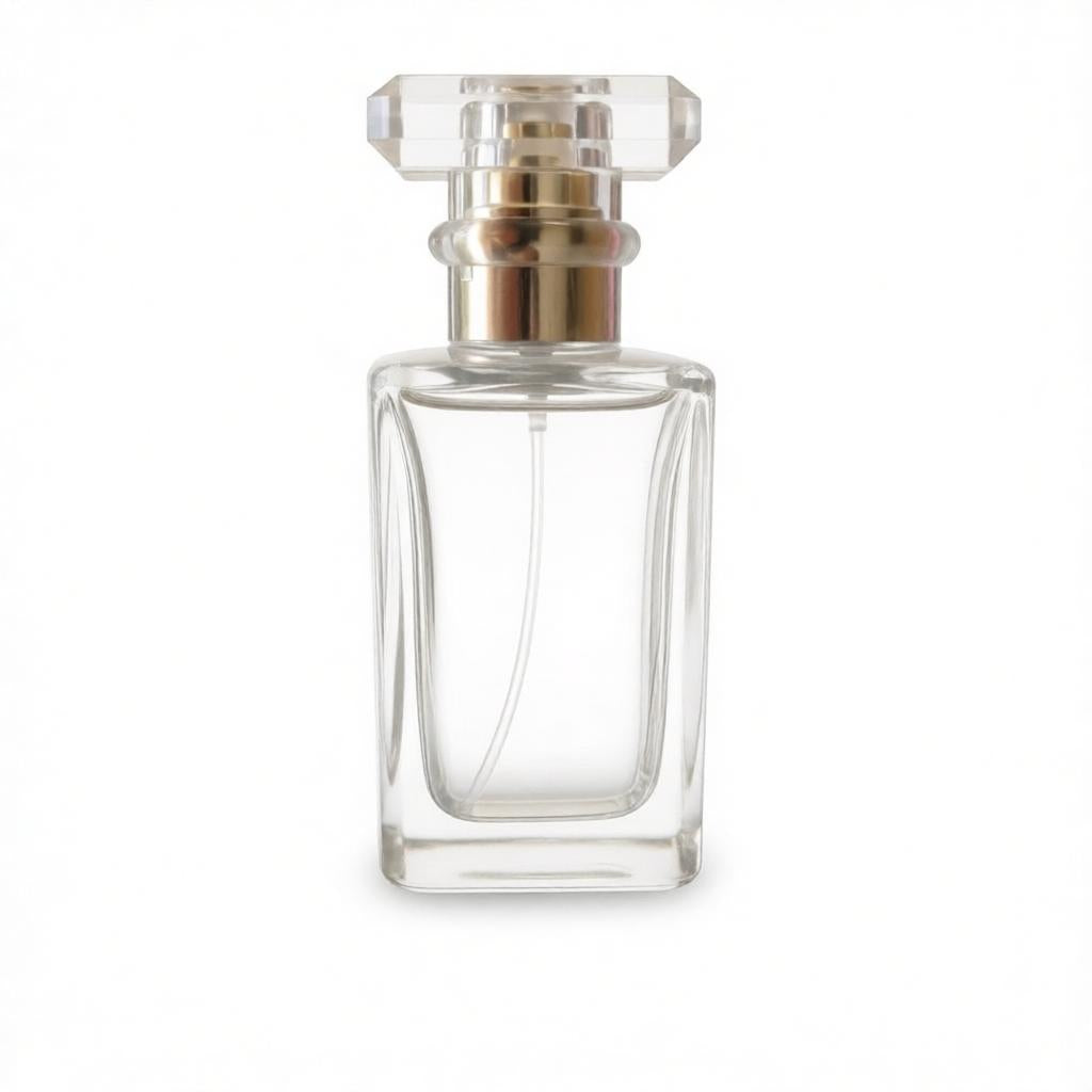 Side view of a 50ml square clear glass perfume bottle with a faceted transparent cap and metallic gold collar