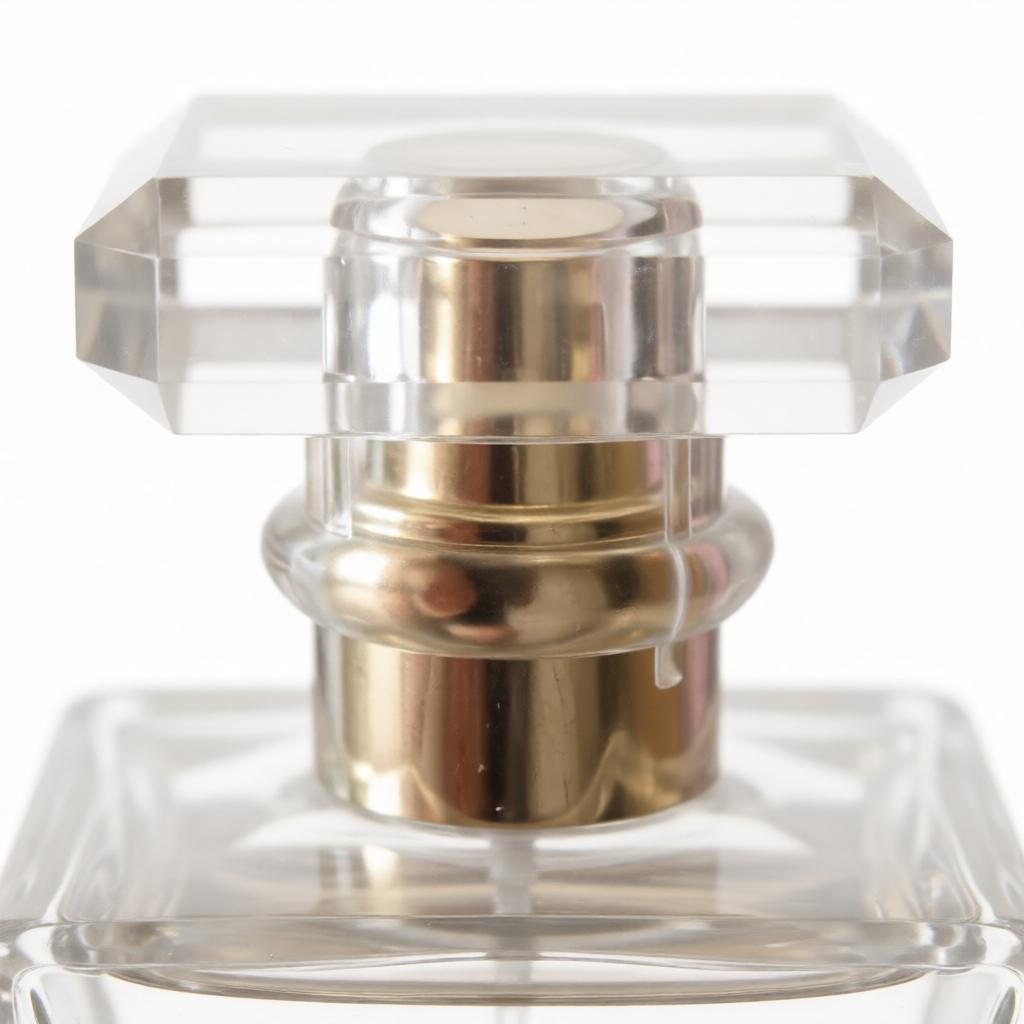 Close-up of a 50ml square glass perfume bottle with a clear faceted cap and shiny gold atomizer pump