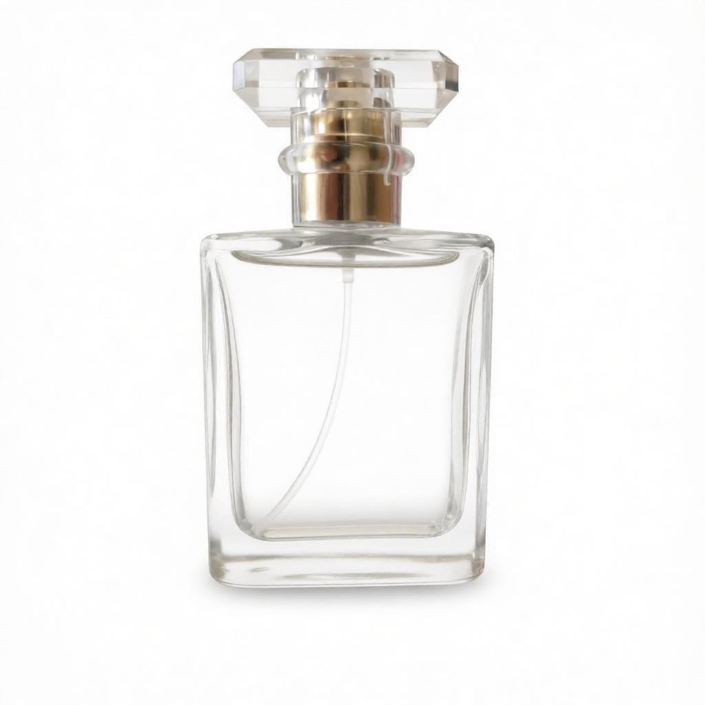 50ml square clear glass perfume bottle with a faceted transparent cap and metallic gold collar