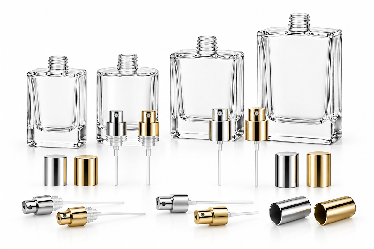 Ready-to-ship perfume bottles with compatible pumps and caps